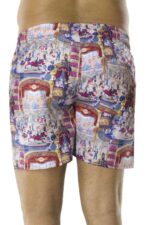 Costume da mare uomo estivo in nylon con elastico in vita vestibiità slim fit modello boxer fantasia circo multicolor con tasch