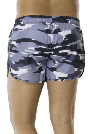 Costume da mare uomo estivo in nylon con elastico in vita vestibiità slim fit modello basket fantasia camouflage grigio con tas