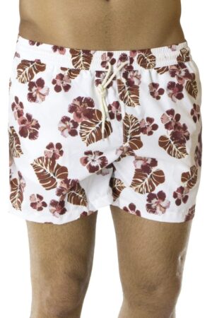 Costume uomo mare boxer casual fantasia foglie e fiori bordeaux bianco elastico in vita tasca sul retro chiusura laccio nylon