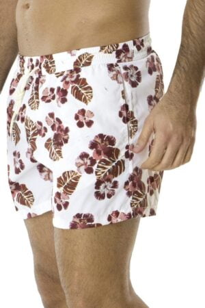 Costume uomo mare boxer casual fantasia foglie e fiori bordeaux bianco elastico in vita tasca sul retro chiusura laccio nylon