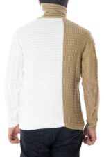 Maglione uomo lana pesante invernale casual regular fit intrecciato manica lunga collo alto sciallato bicolore cammello panna