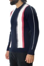 Maglione uomo lana pesante invernale casual regular fit intrecciato manica lunga girocollo fasce verticali panna blu rosso