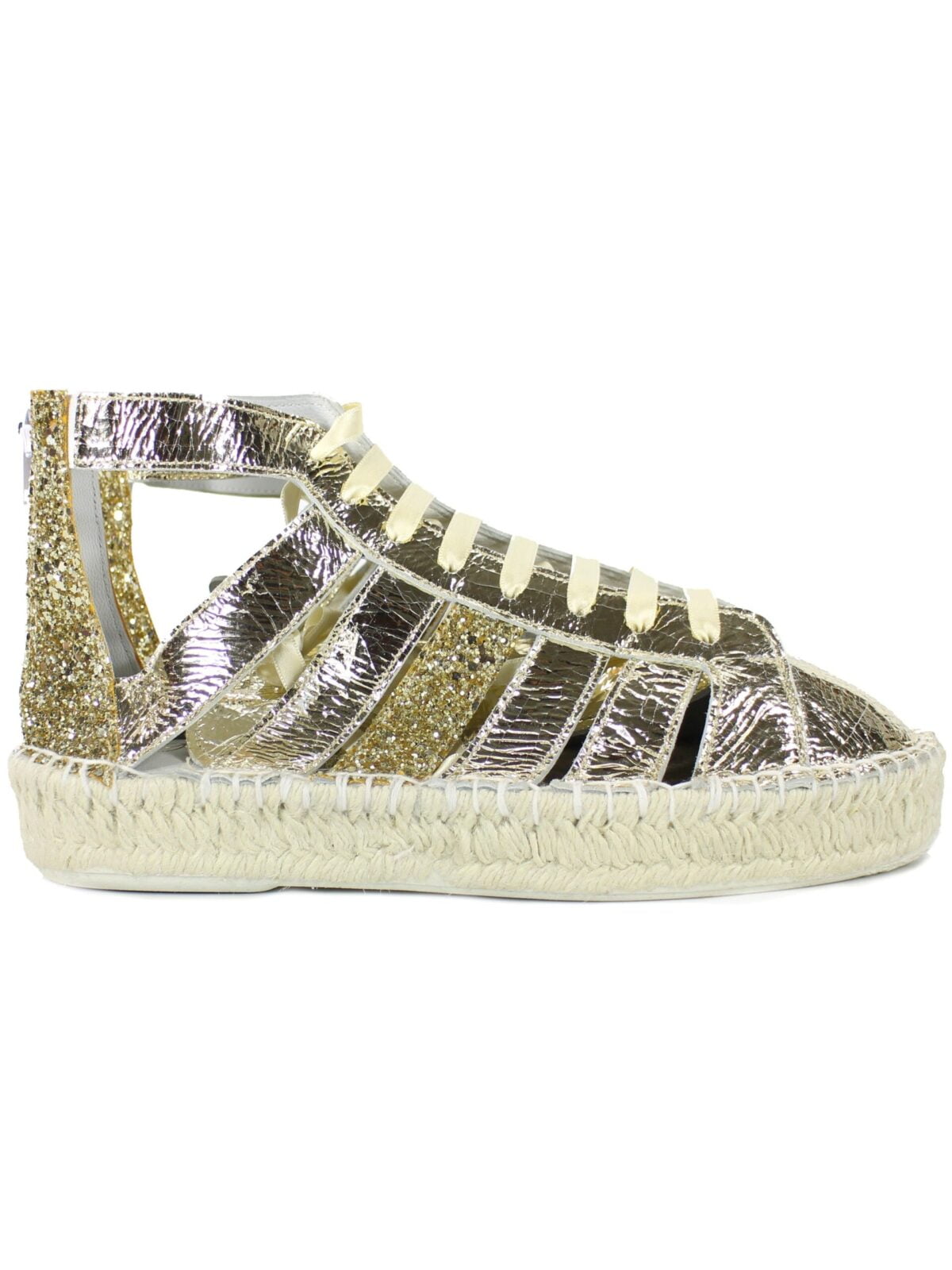 Scarpe donna modello espadrillas a stivaletto in pelle glitterate oro