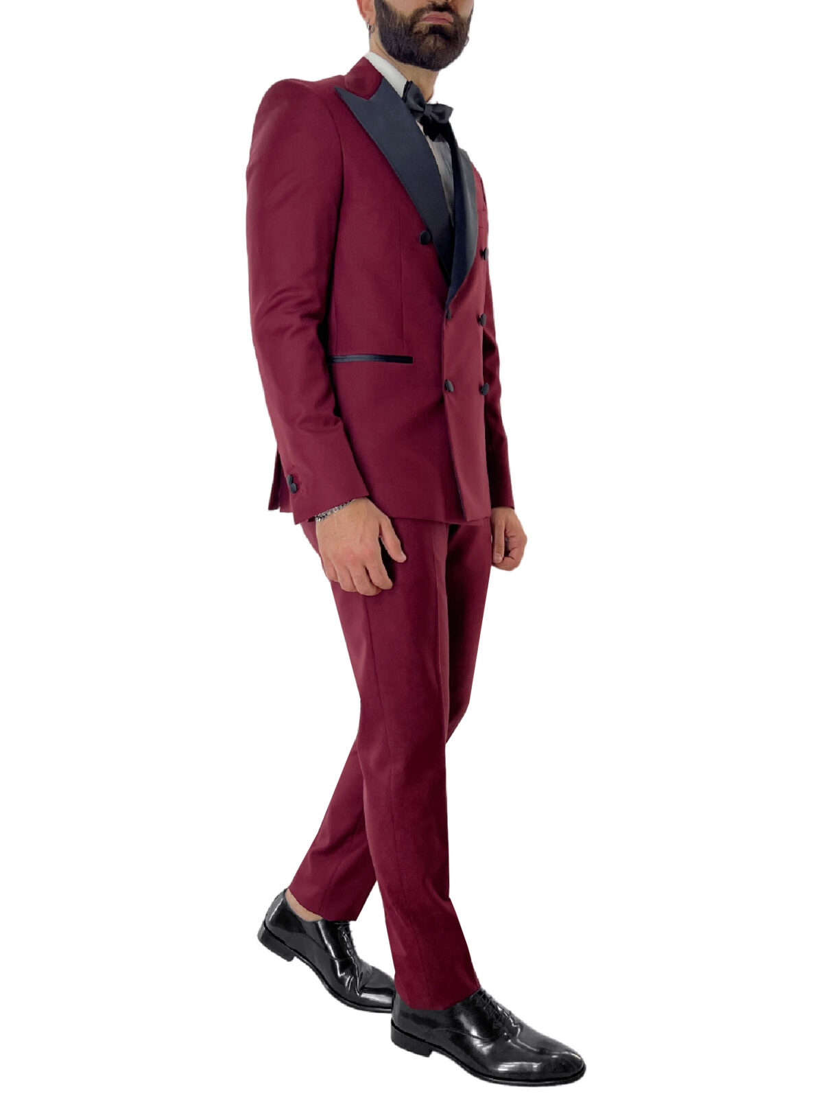 Abito smoking uomo bordeaux con giacca doppiopetto rever a Lancia e pantalone slim fit in fresco lana 100% Vitale Barberis Canonico