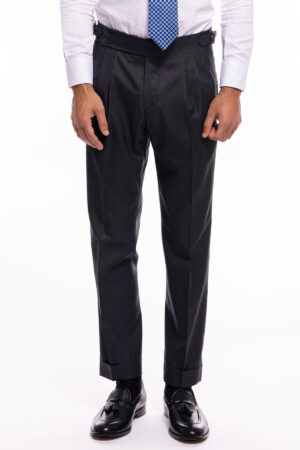 Pantalone uomo grigio scuro vita alta doppia pinces in fresco lana super 140's Holland & Sherry