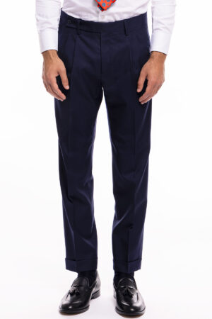 Pantalone uomo navy blu chiusura prolungata doppia pinces in fresco lana super 140's Holland & Sherry