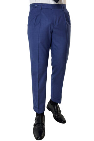 Pantalone uomo color denim chiusura prolungata doppia pinces in fresco lana super 140's Holland & Sherry