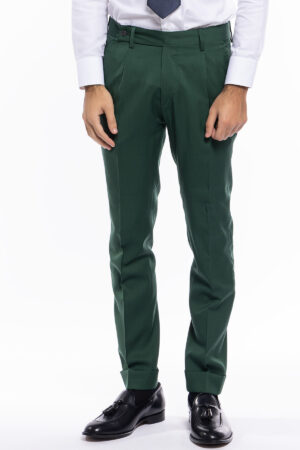 Pantalone uomo Verde bottiglia fresco lana super 130's tasca america con una pinces e risvolto 4cm