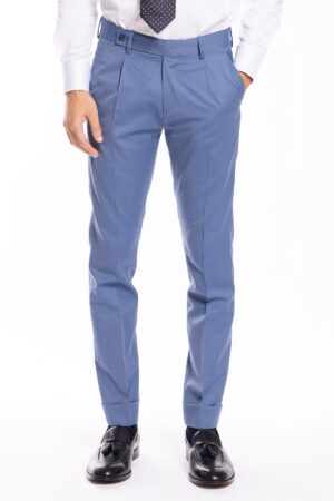 Pantalone uomo celeste Solaro fresco lana e seta Holland & Sherry tasca america con una pinces e risvolto 4cm