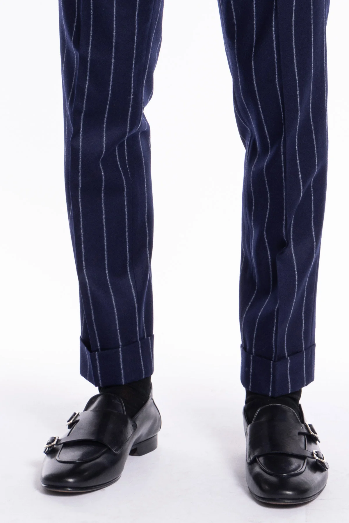 Pantalone uomo blu gessato vita alta tasca america in lana flanella Vitale  Barberis Canonico con doppia pinces e fibbie laterali regolabili - Carillo  Moda