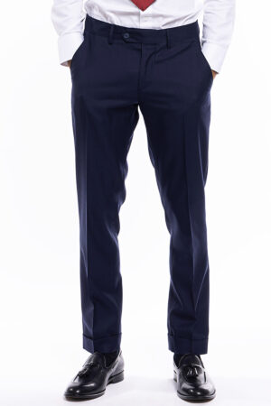 Pantalone uomo blu tasca america in fresco lana super 140's holland e sherry slim fit con risvolto di 5cm