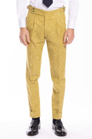 Pantalone uomo vita alta giallo effetto melange misto lana e cotone Bristol Tessuti Napoli con fibbie laterali e doppia pinces