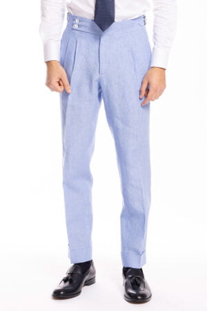 Pantalone uomo vita alta azzurro 100% lino Bristol Tessuti Napoli con fibbie laterali e doppia pinces