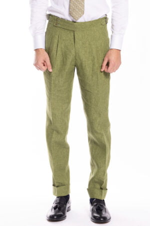 Pantalone uomo vita alta verde in lino 100% Bristol Tessuti Napoli con doppia pinces e fibbie laterali