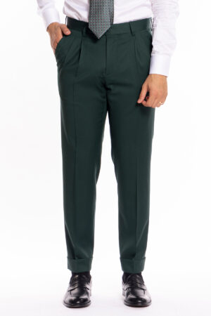 Pantalone uomo vita alta verde bottiglia fresco lana super 130's Bristol Tessuti con doppia pinces e risvolto 5 cm