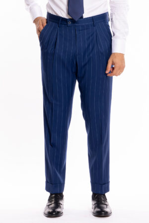 Pantalone uomo royal blu gessato con riga celeste fresco lana super 130's Bristol Tessuti Napoli tasca america con doppia pinces e risvolto di 5cm