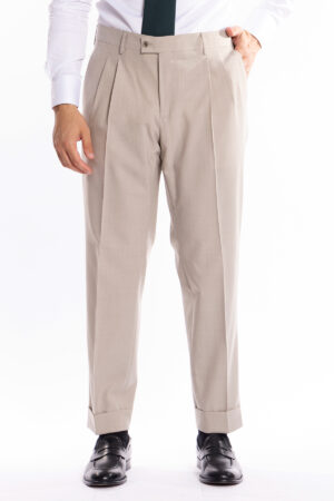 Pantalone uomo Beige fresco lana mista tasca america con doppia pinces e risvolto di 5cm