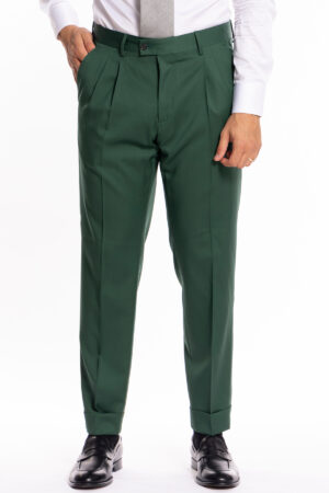 Pantalone uomo Verde bottiglia vita alta in fresco lana super 130's Bristol Tessuti Napoli tasca america con doppia pinces e risvolto di 5cm