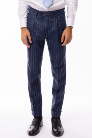 Pantalone uomo blu gessato vita alta con doppia pinces 100% lana flanella Holland & Sherry risvolto 5cm