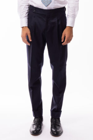 Pantalone uomo blu notte vita alta tasca america in lana flanella 100% con pinces e fibbie laterali Vitale Barberis Canonico