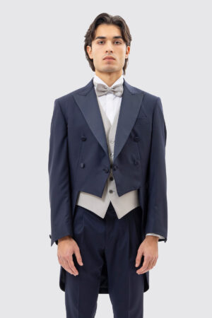 Giacca modello frac blu notte uomo in fresco lana super 130's Vitale Barberis Canonico con rever a Lancia largo in raso